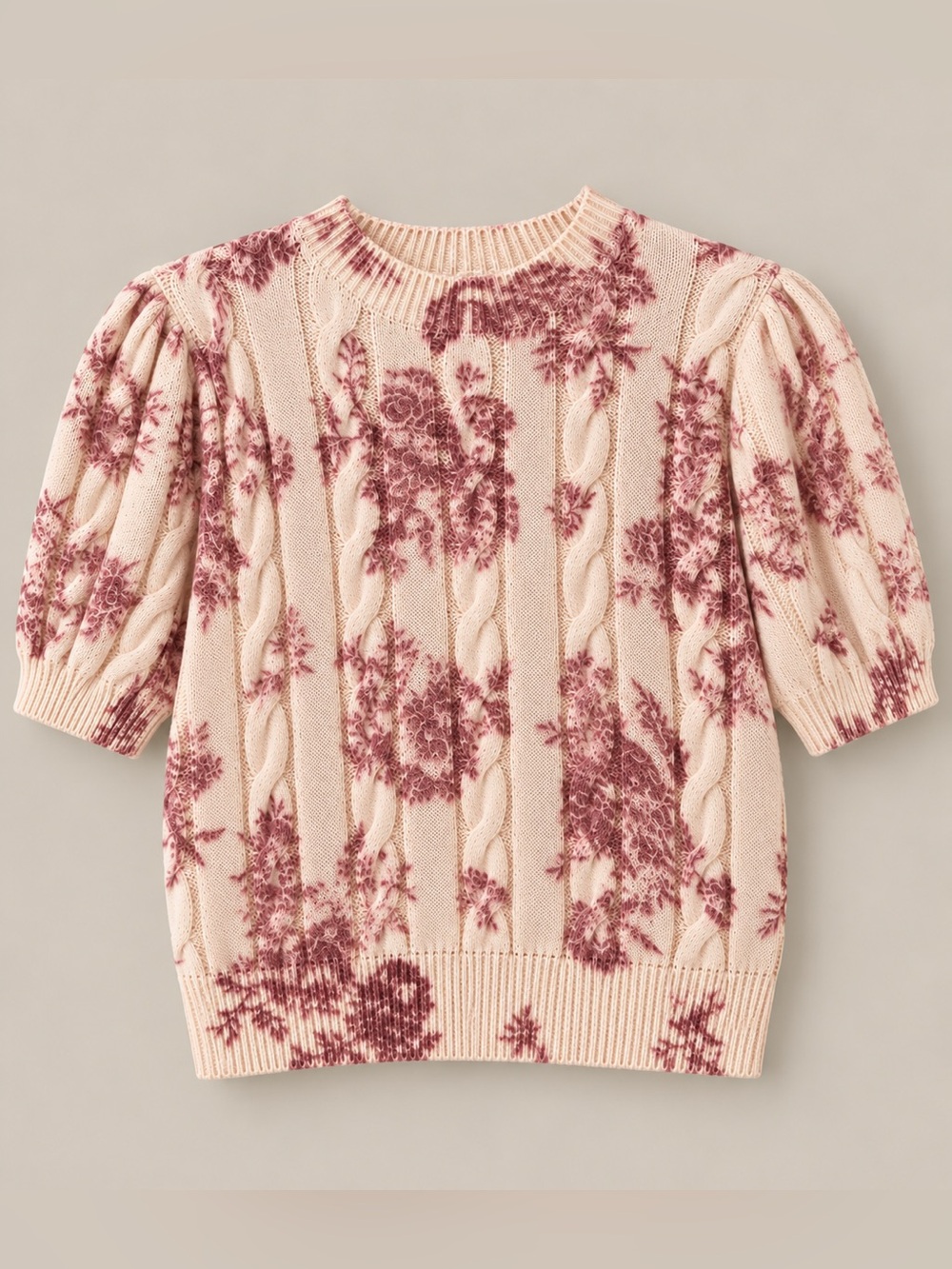 Sincerely Jules Floral Cable Knit Puff Sleeve Sweater – Medium